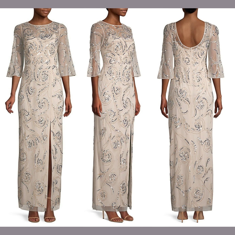 NWT $495 Aidan Mattox 3/4 Sleeve Beaded Column Gown in Champagne‎ [SZ 6 ]